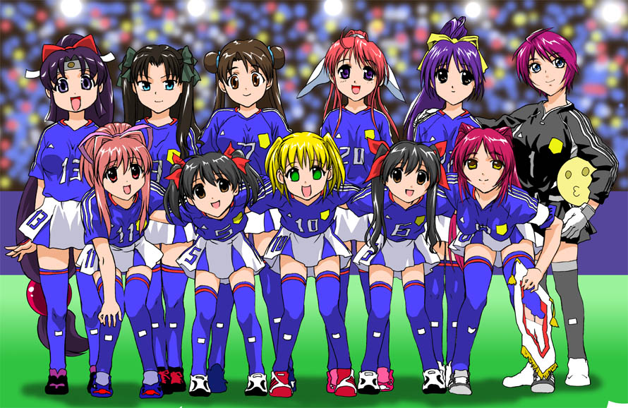 00s, 2002_fifa_world_cup, 6+girls, amagasaki_mikoto, amasumi_ichika, aqua_eyes, bent_over, black_hair