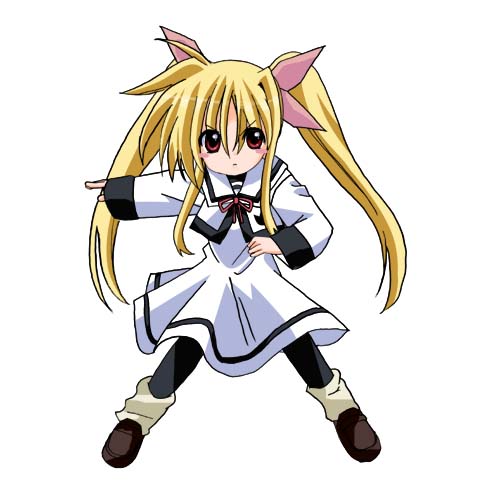 1girl, blonde_hair, fate_testarossa, hand_on_hip, lowres, lyrical_nanoha, mahou_shoujo_lyrical_nanoha, mahou_shoujo_lyrical_nanoha_a's, pantyhose, pepeta_(sabamiso_kissa), simple_background, solo, white_background