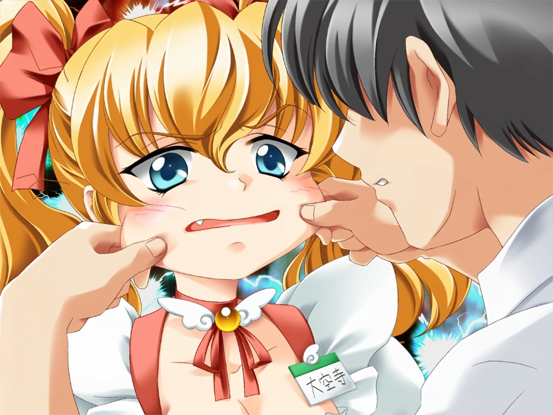 00s, 1boy, 1girl, baka_ouji_persia, blonde_hair, blue_eyes, cheek_pinching, daikuuji_ayu