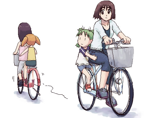 4girls, aliasing, ayase_fuuka, azumanga_daioh, bicycle, child, creator_connection, crossover, emoncake., eyebrows, ground_vehicle, kasuga_ayumu, koiwai_yotsuba, lowres, mihama_chiyo, multiple_girls, quad_tails, riding, short_twintails, simple_background, thick_eyebrows, twintails, white_background, yotsubato!, |_|