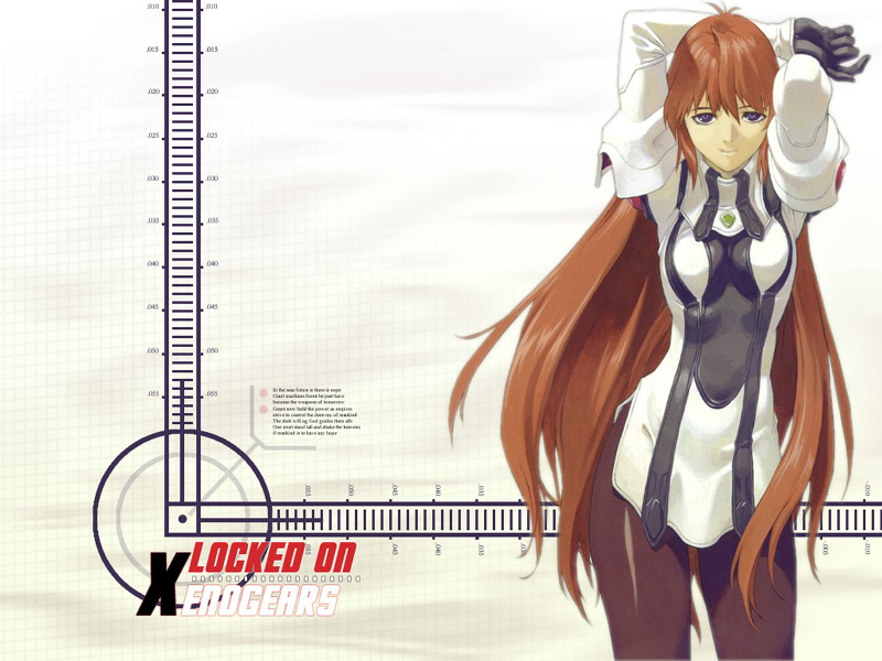 1girl, 90s, arms_up, blue_eyes, brown_hair, copyright_name, elhaym_van_houten, gloves, jacket, kunihiko_tanaka, long_hair, official_art, pantyhose, smile, solo, tanaka_kunihiko, xenogears