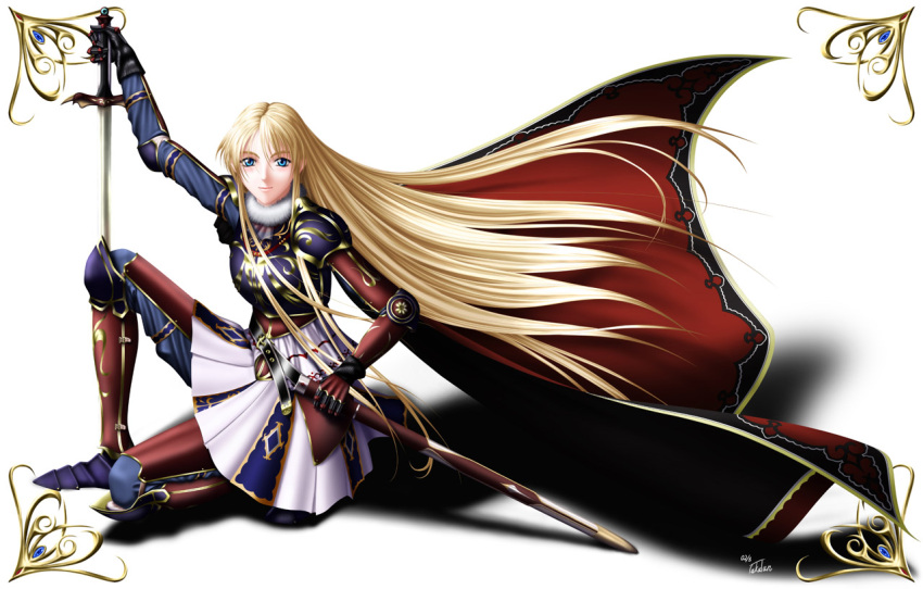 1girl, armor, armored_dress, blonde_hair, blue_eyes, cape, long_hair, sharon