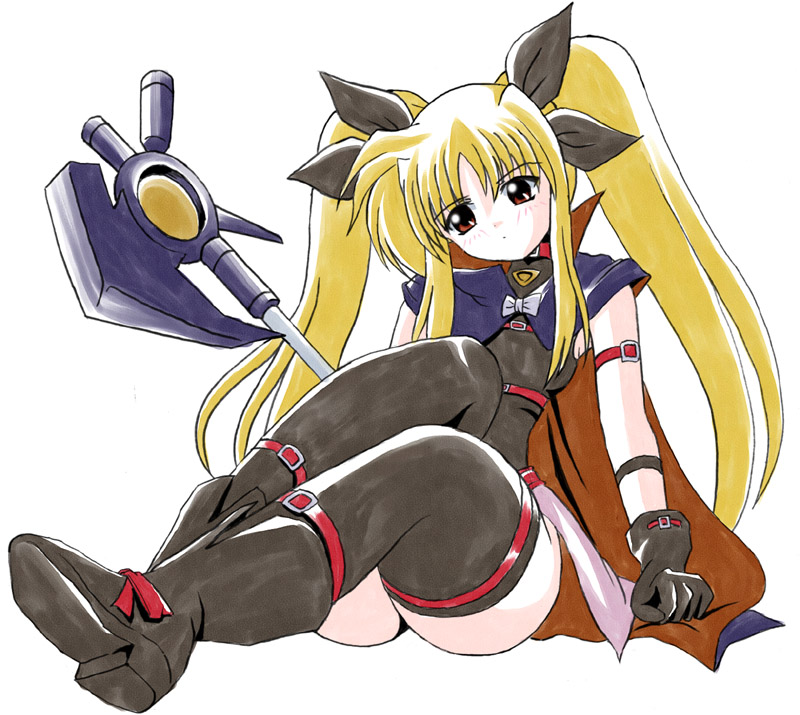 00s, 1girl, ass, bardiche, belt, black_legwear, blonde_hair, blush