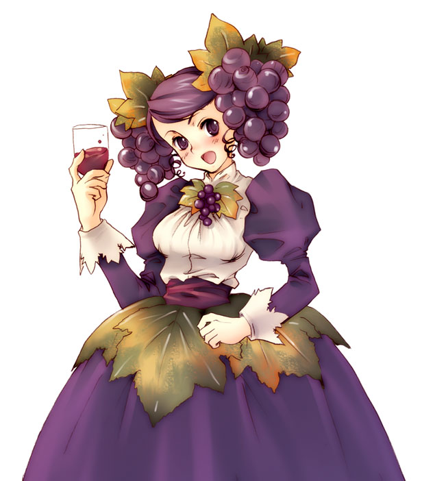 1girl, alcohol, blush, cup, dress, drink, food, food_as_clothes