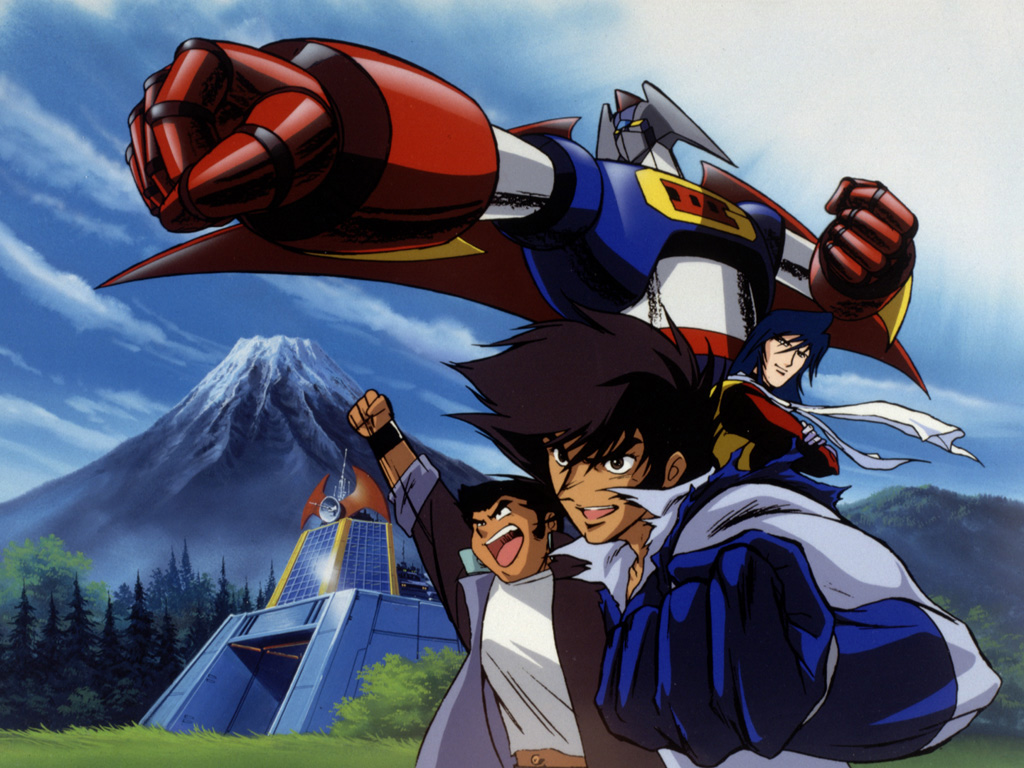 2boys, 90s, clouds, forest, gekiganger, gekiganger_3, gekiganger_v, genkiganger, kidou_senkan_nadesico, konoe_mamoru, male_focus, mecha, mountain, multiple_boys, nature, official_art, open_mouth, sky, super_robot, tenkuu_ken, wallpaper, wind