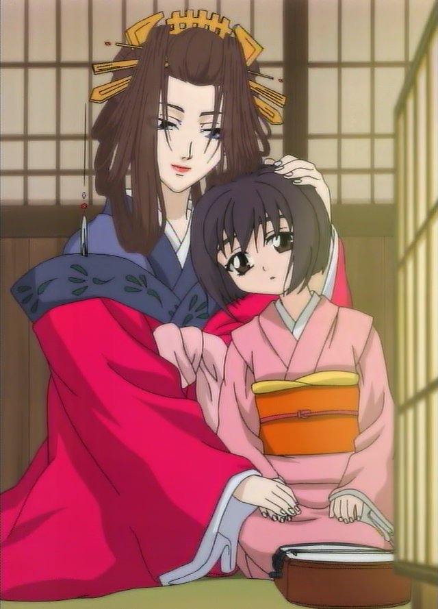 2girls, akesato, black_eyes, black_hair, blue_eyes, brown_hair, child, hair_ornament