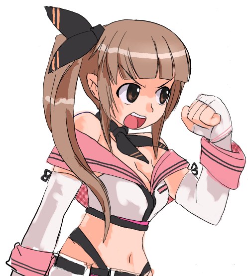 1girl, angry, baek_changpo, bare_shoulders, breasts, brown_eyes, brown_hair, cleavage