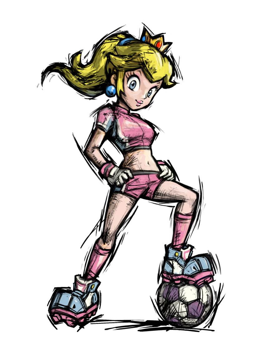 1girl, absurdres, alternate_hairstyle, ball, bangs, bike_shorts, blonde_hair, blue_eyes