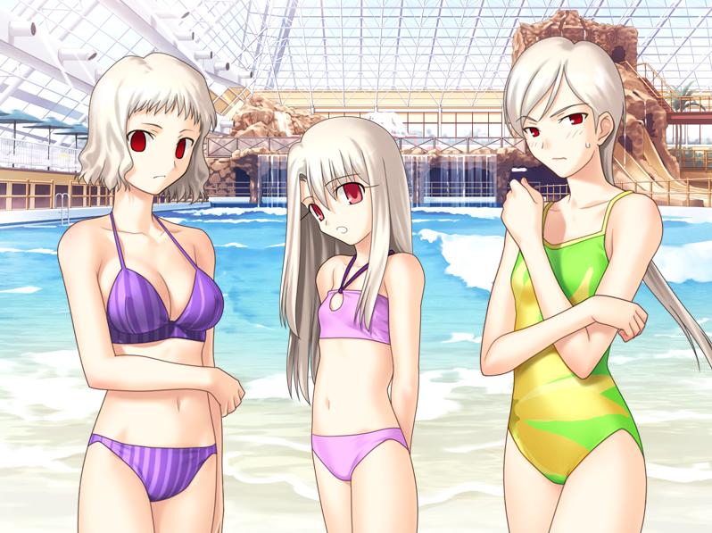 3girls, :o, albino, arms_behind_back, bikini, blush, breasts, cleavage