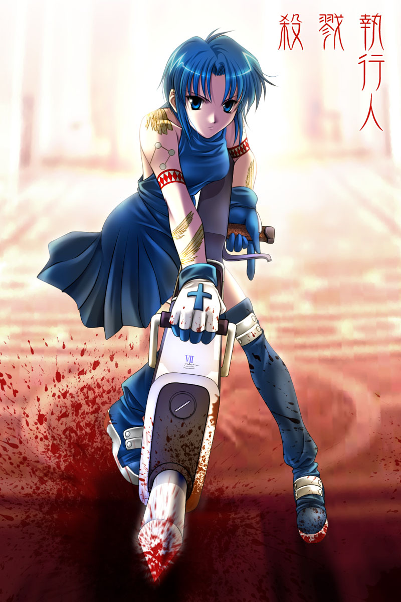 00s, 1girl, aizawa_kotarou, bare_shoulders, blood, blood_splatter, bloody_clothes, blue_eyes