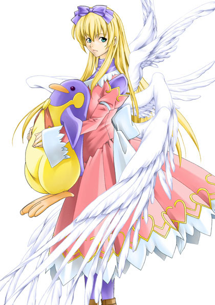 1girl, aqua_eyes, aruma_(shinrabanshou), bird, blonde_hair, bow, feathered_wings, fujimori_saya