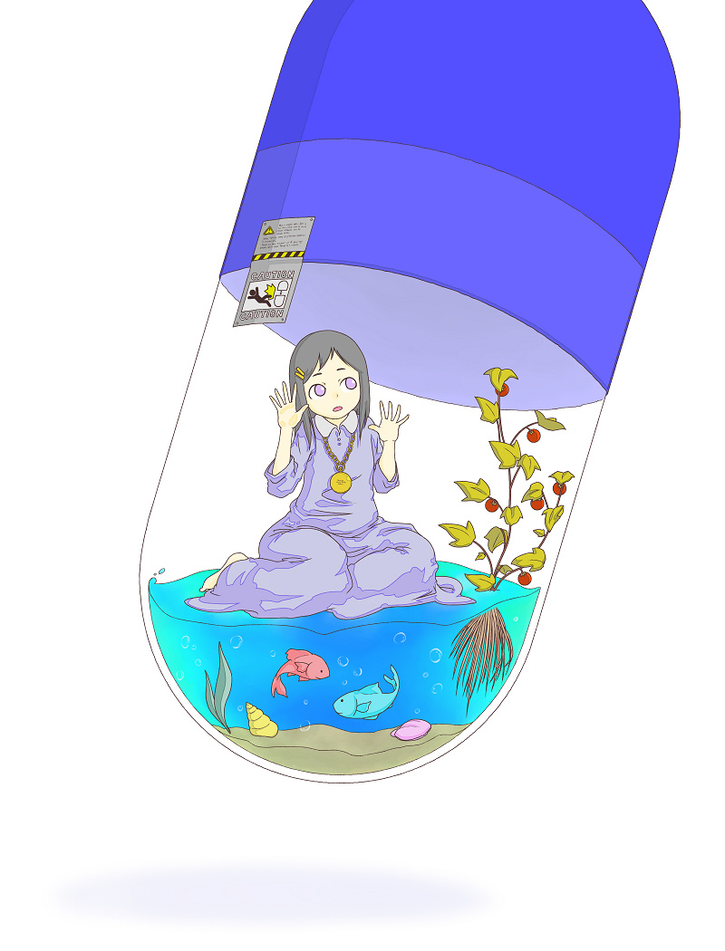 aquarium, barefoot, brown_hair, capsule, cel_shading, cell_shading, diode, dress