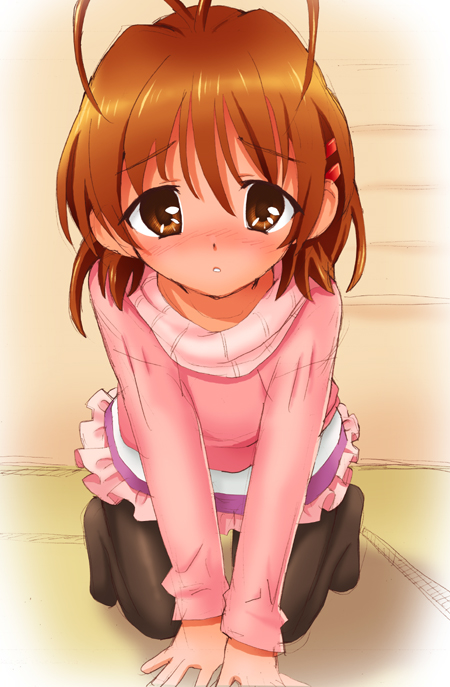 1girl, all_fours, antenna_hair, blush, brown_eyes, brown_hair, clannad, drunk, furukawa_nagisa, homing_(areya), homing_(artist), kneeling, palms_on_ground, pantyhose, short_hair, solo