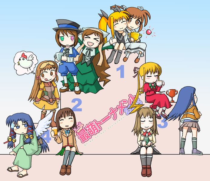 00s, 6+girls, air, bird, blonde_hair, blue_hair, chibi, chicken