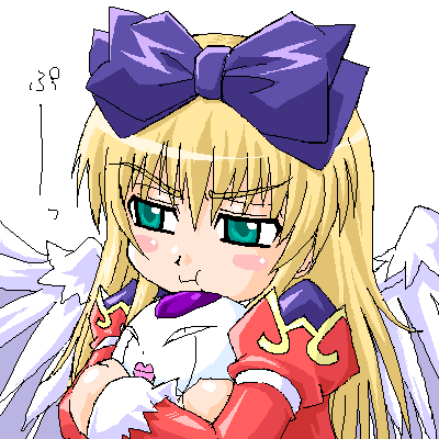 1girl, :t, angel_wings, aqua_eyes, aruma_(shinrabanshou), bangs, blonde_hair, blush_stickers