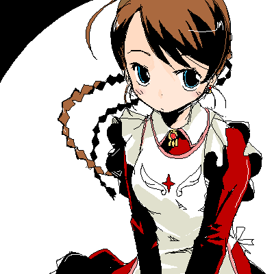 1girl, arika_yumemiya, blue_eyes, braid, brown_hair, hondasonemi, leaning_forward, lowres