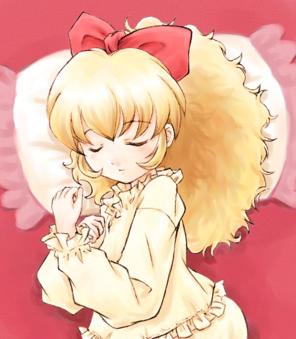 1girl, altessa, asiaaqua, bangs, bed, blonde_hair, bow, closed_eyes