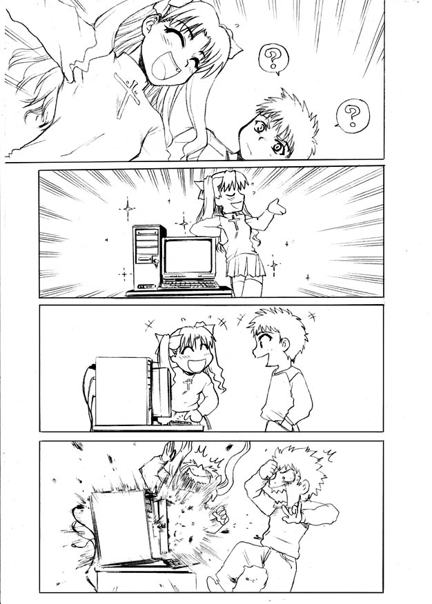 1boy, 1girl, 4koma, bow, chibi, comic, computer, cross