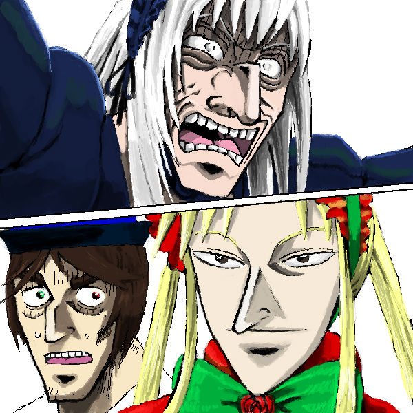 3girls, akagi, akagi_shigeru, blonde_hair, brown_hair, facial_hair, heterochromia, man_face