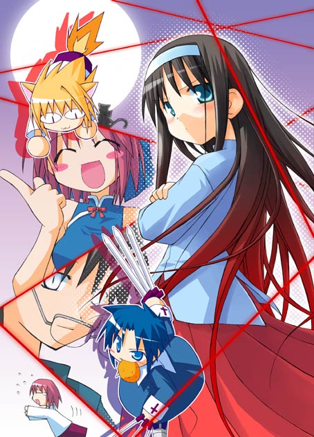 00s, 1boy, 5girls, between_fingers, black_keys, blush_stickers, chibi, ciel