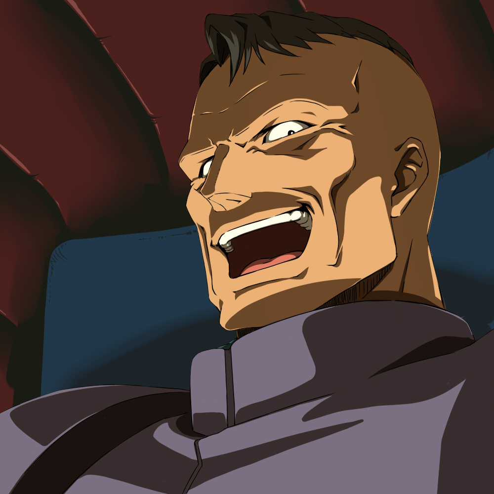 brown_hair, face, gundam, gundam_08th_ms_team, ichikawa_osamu, laughing, male, norris_packard