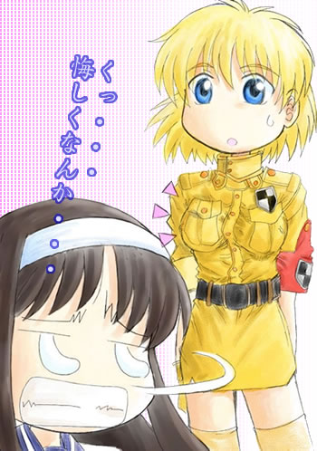2girls, breast_envy, breasts, crossover, hellsing, lowres, miniskirt, multiple_girls