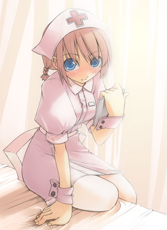 1girl, arm_support, bed_sheet, belt, blue_eyes, blush, braid, brown_hair