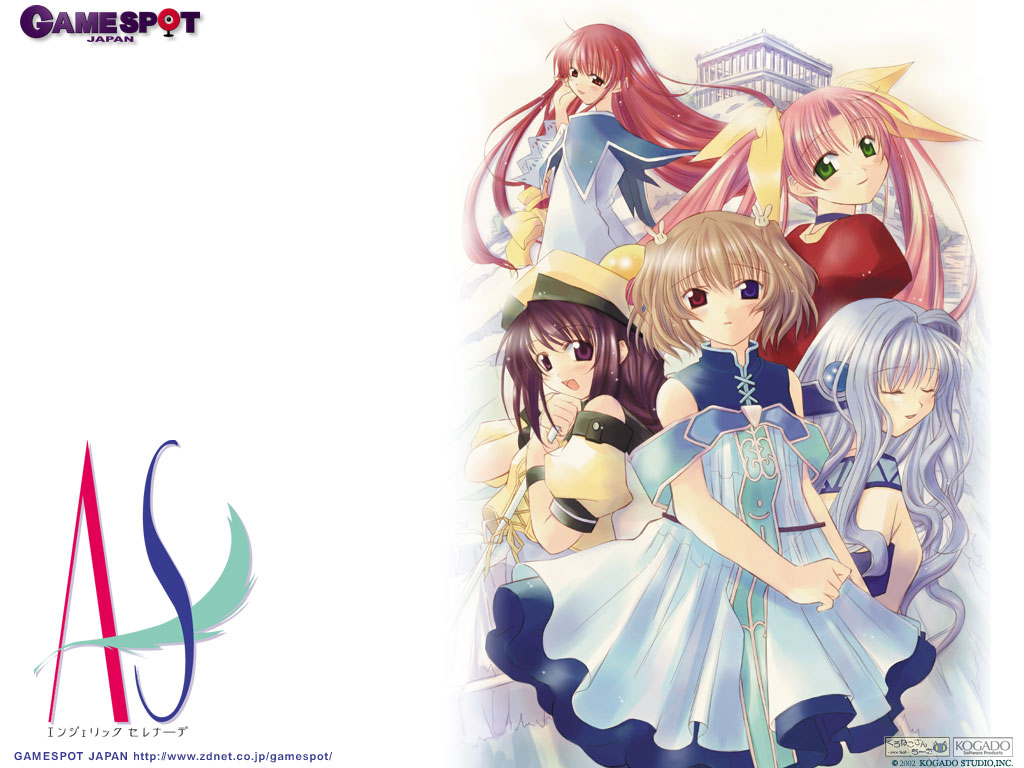 5girls, :d, angelic_serenade, angelserenade, arte_sema, bare_arms, bare_shoulders, blonde_hair
