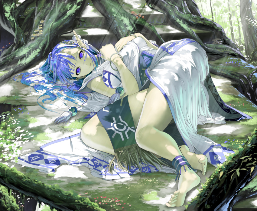 1girl, anklet, bad_feet, barefoot, blue_hair, bracelet, breasts, elf