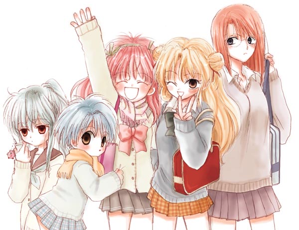 00s, 5girls, ^_^, alternate_costume, alternate_reality, bag, blonde_hair, blush