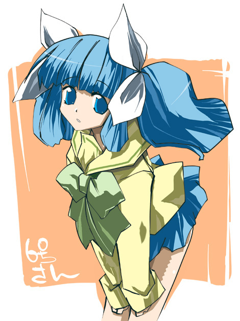 1girl, bangs, blouse, blue_eyes, blue_hair, blunt_bangs, bow, expressionless