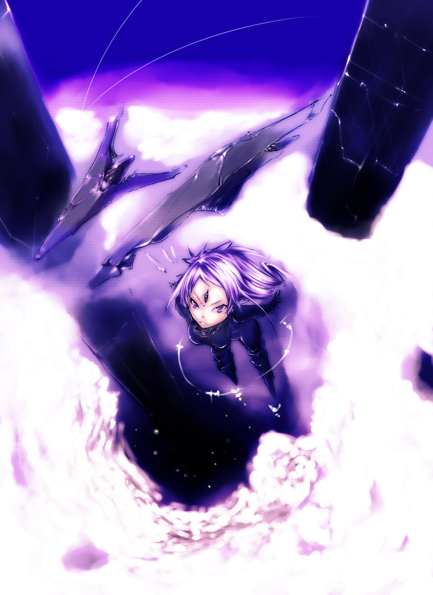 flying, highres, kae_(artist), long_hair, purple_eyes, purple_hair, space, space_craft