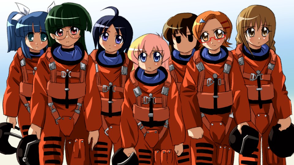 6+girls, armageddon_(film), armageddon_(movie), child, crossover, ichijou, katagiri_himeko, momose_kurumi, multiple_girls, orange_hair, pani_poni_dash!, parody, pilot_suit, rebecca_miyamoto, right_stuff, sanshita, spacesuit, suzuki_sayaka, tachibana_rei, the_right_stuff, uehara_miyako