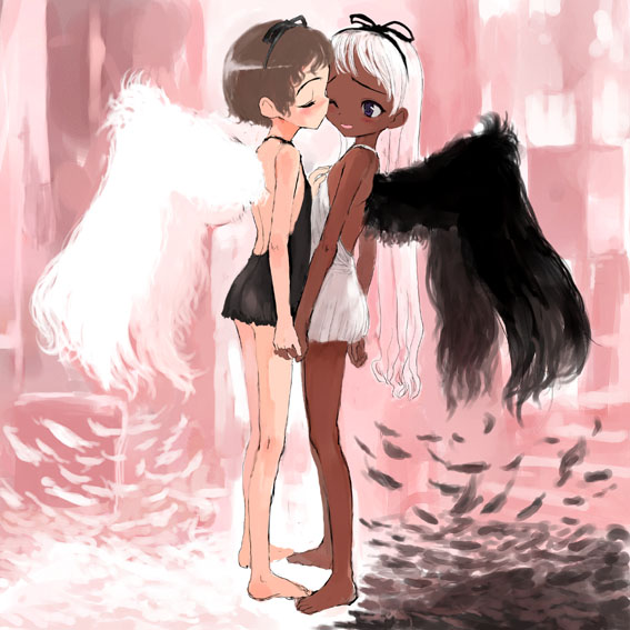 2girls, angel, black_&amp;_white, brown_hair, cheek_kiss, closed_eyes, dark_skin, feathers, kiss, long_hair, molting, multiple_girls, one_eye_closed, original, ribbon, sasahara_yuuki, short_hair, white_hair, wings, wink, yuri