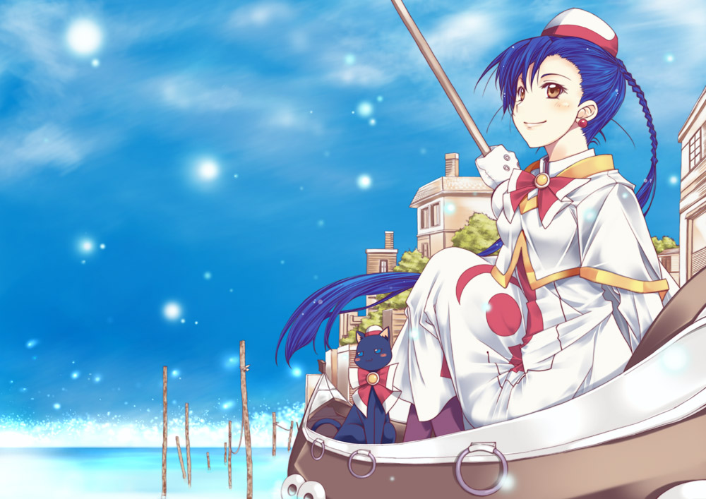 aika_granzchesta, aria, black_cat, blush_stickers, braid, cat, gondola, hat