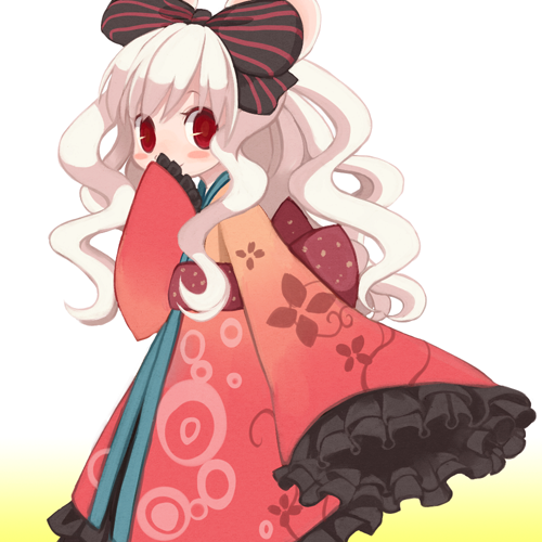 emdo_(norabbit), frills, hair_ribbon, hair_ribbons, hand_over_mouth, japanese_clothes, kimono, long_hair