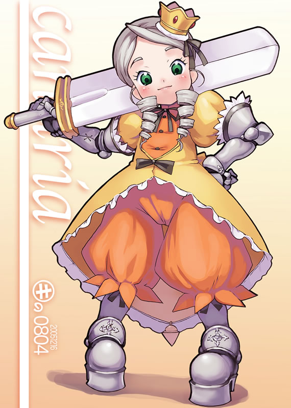 00s, 1girl, 2005, armor, armored_dress, atlus, character_name, cosplay, dated, dress, gradriel_de_valendia, gradriel_de_valendia_(cosplay), kanaria, kei_jiei, orange_(color), orange_background, parody, princess_crown, rozen_maiden, solo, yellow_dress
