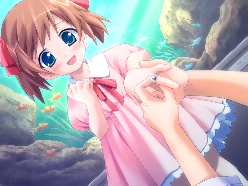 1girl, blue_eyes, brown_hair, child, dress, dutch_angle, fish, game_cg
