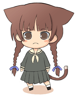 00s, 1girl, animal_ears, blush_stickers, braid, brown_eyes, brown_hair, cat_ears