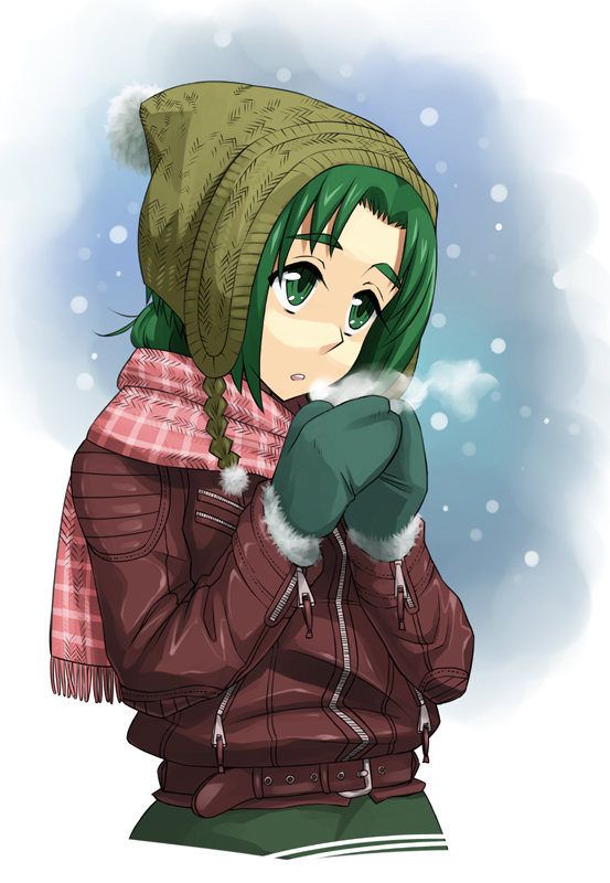 beanie, breath, cold, enoshima_iki, futari_wa_pretty_cure, gloves, green_eyes, green_hair