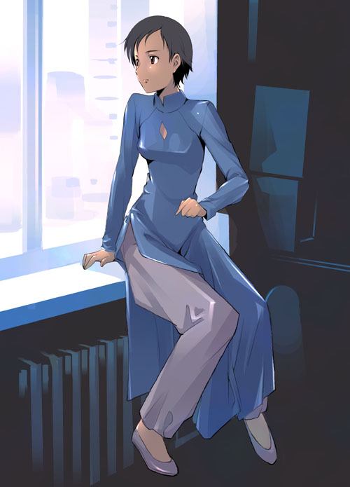 1girl, black_hair, blood+, dress, itosugi_masahiro, otonashi_saya, red_eyes, short_hair