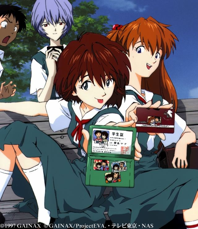 1boy, 3girls, :d, :o, :p, aoba_shigeru, arm_support, ayanami_rei