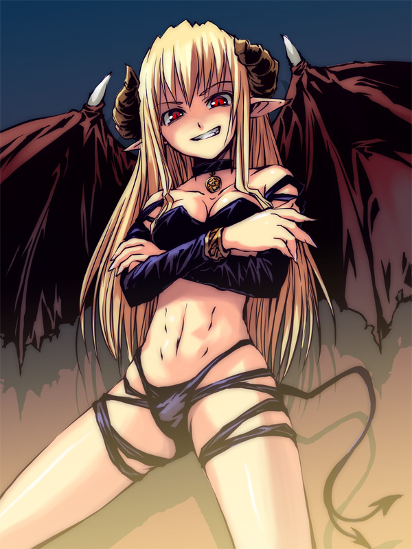 1girl, abs, blonde_hair, bosshi, bracelet, collar, crossed_arms, demon_girl