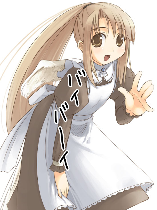 1girl, angel_wings, apron, brown_hair, jirou_(chekoro), leaning_forward, long_hair, looking_at_viewer