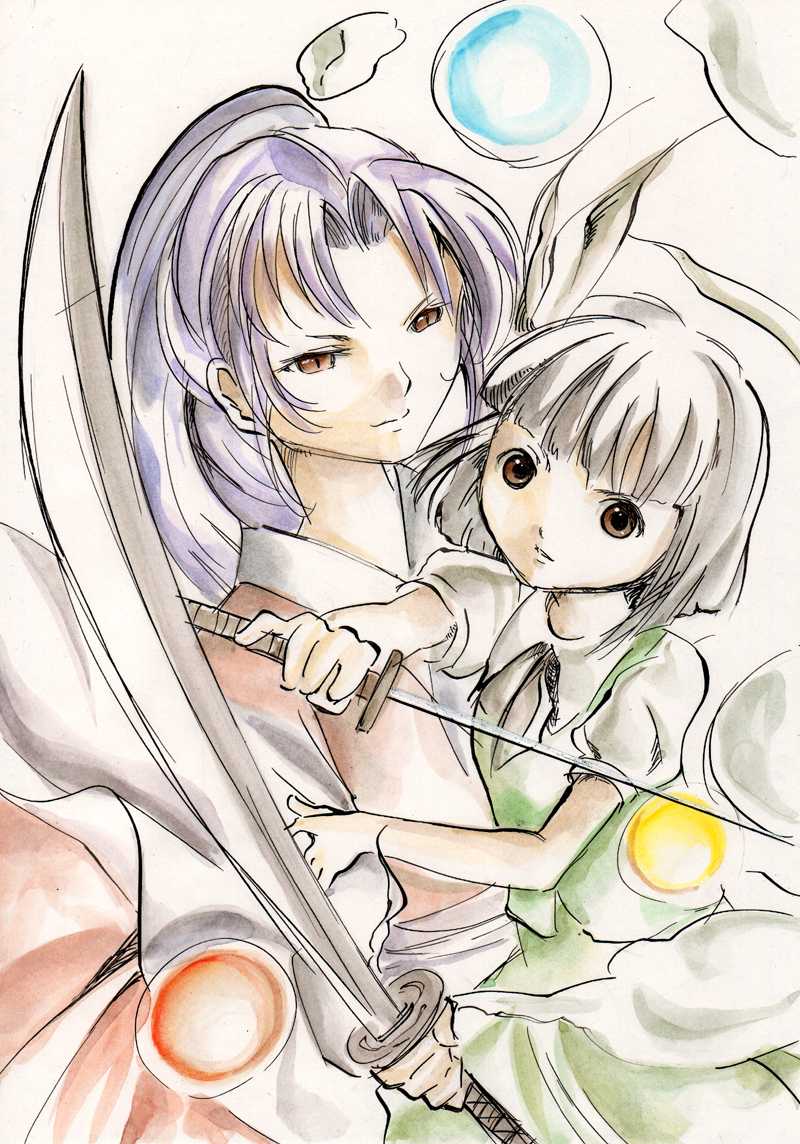konpaku_youmu, meira, multiple_girls, suzaku_mikado, sword, touhou, touhou_(pc-98), weapon