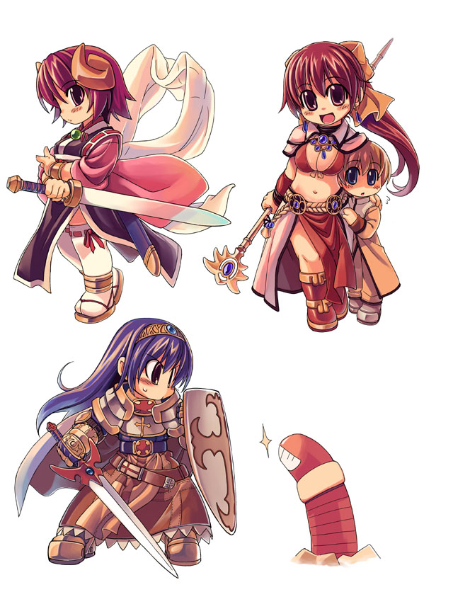 1boy, 3girls, acolyte, armor, blush, chibi, crusader, grin, long_hair, mage_(ragnarok_online), midriff, multiple_girls, navel, pelvic_curtain, purple_hair, ragnarok_online, seiranken_shion_(shinrabanshou), shield, shinrabanshou, shion_(shinrabanshou), short_hair, simple_background, smile, sword, weapon, worms, xration