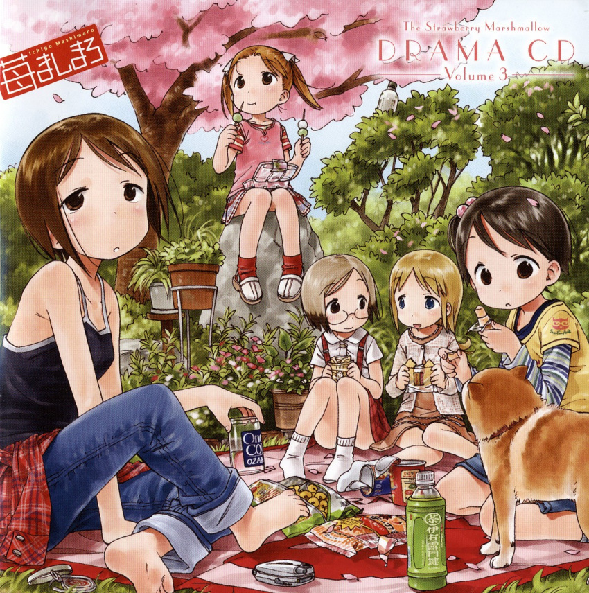 5girls, :o, ana_coppola, barasui, barefoot, brown_hair, cherry_blossoms, child