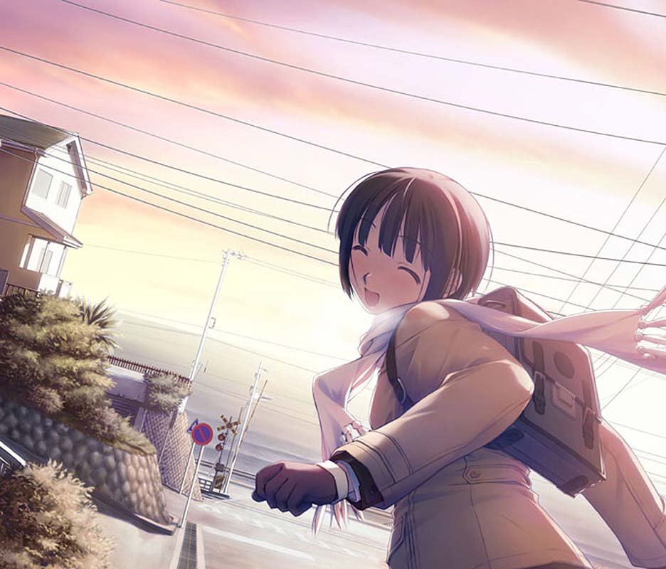 1girl, :d, backpack, bag, closed_eyes, dutch_angle, f&amp;c, gloves