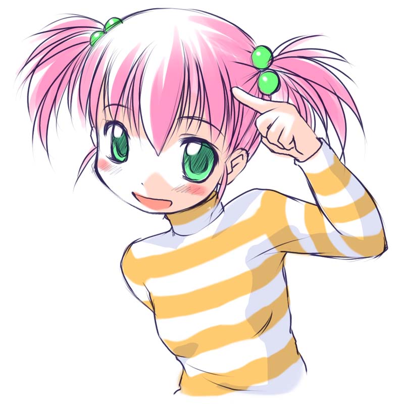 1girl, :d, blush, bosshi, face, flat_chest, green_eyes, hair_bobbles