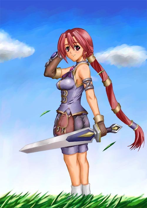 1girl, ass, breasts, brown_eyes, clouds, dark_chronicle, grass, holding, holding_sword, holding_weapon, level-5, long_hair, looking_at_viewer, looking_back, monica_(dark_chronicle), monica_raybrandt, multi-tied_hair, redhead, sky, solo, sword, very_long_hair, weapon, wind
